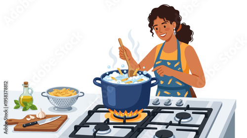 Woman cooking delicious food in a pot on the stove.