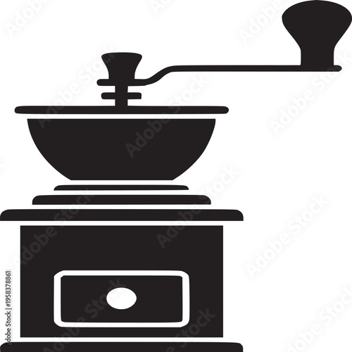 A black and white silhouette of a manual coffee grinder with a handle on a white background image shot