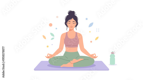 Woman Meditating in Lotus Pose on Yoga Mat.