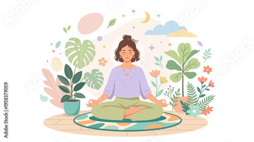 Woman meditating peacefully in a serene natural setting.