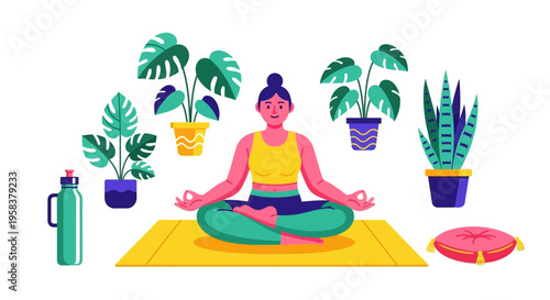 Woman meditating peacefully in lotus pose surrounded by plants.