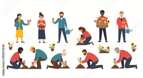 Diverse People Planting Flowers in Garden, Spring Gardening Activities, Community Effort
