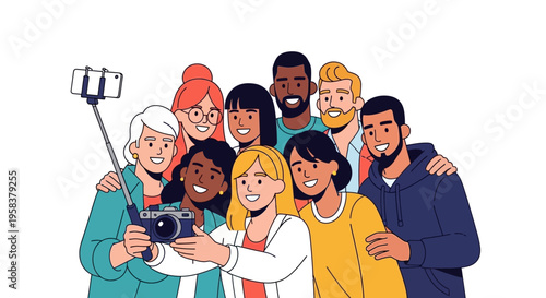 Diverse group of friends taking a selfie with a selfie stick and camera