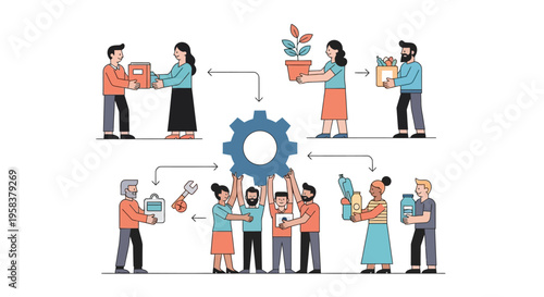 Teamwork process flow, collaboration, and productivity illustration