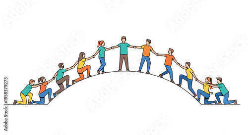 Teamwork bridge, people holding hands, supporting each other, unity concept