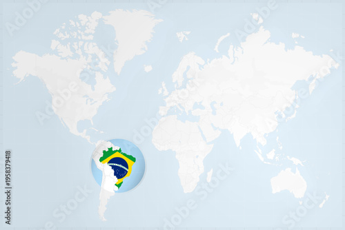Brazil Map with Flag in Magnifying Glass on World Map Background