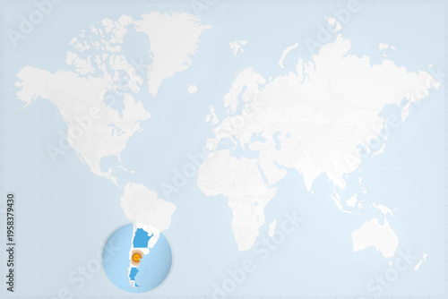 Argentina Map with Flag in Magnifying Glass on World Map Background