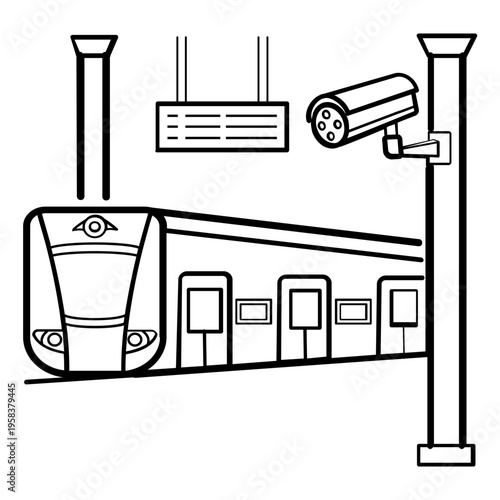 train station with security camera concept, surveillance in public transport system vector icon design