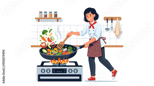 Woman cooking healthy vegetables in a wok on a stove.