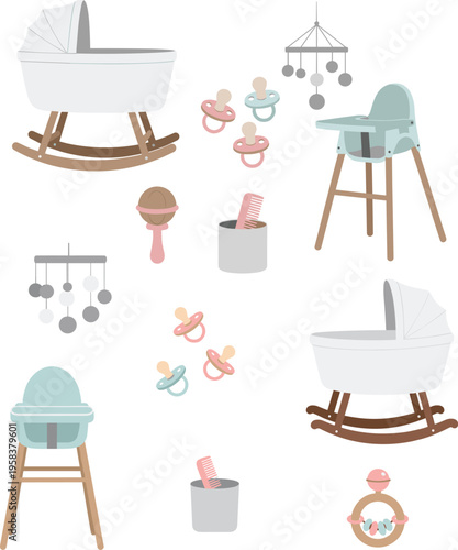 Isometric baby nursery furniture set vector icons crib rocking chair highchair toys pacifier decor elements childcare illustration flat design collection