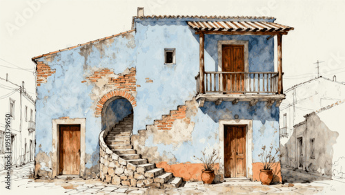 Country Cottage Rustic Blue House isolated watercolor vector illustration svg