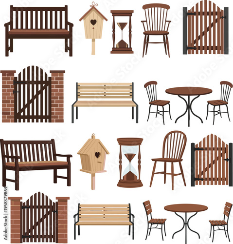 Isometric garden furniture set vector icons benches tables chairs fences gates outdoor decor wooden patio elements collection flat design illustration
