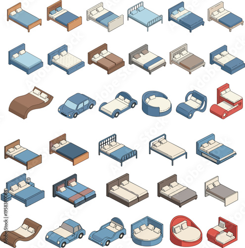 Isometric hospital beds set vector icons collection medical furniture healthcare equipment clinic ward patient care design isolated illustration pack modern flat style