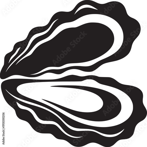 A graphic illustration of an open oyster shell in black and white on a plain white background simple art
