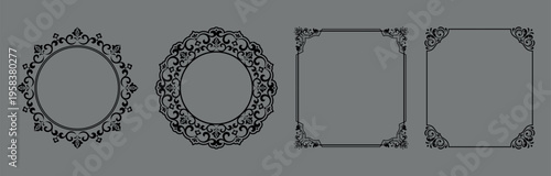 Set of decorative frames Elegant vector element for design in Eastern style, place for text. Floral black and gray frames. Lace illustration for invitations and greeting cards