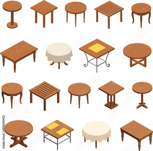 Isometric wooden tables collection set illustration various round square coffee dining tables furniture design elements isolated on white background vector style