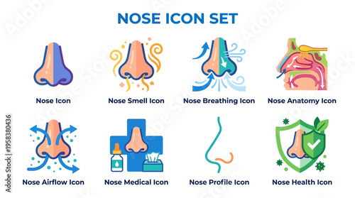 A vector illustration set of nose icons depicting various aspects of nose anatomy and health in a medical context for educational purposes.