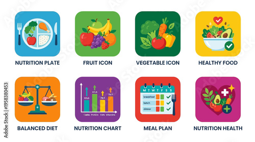 A vector illustration of a nutrition plate with a balanced diet and healthy food icons on a colorful background with fruit and vegetable icons.