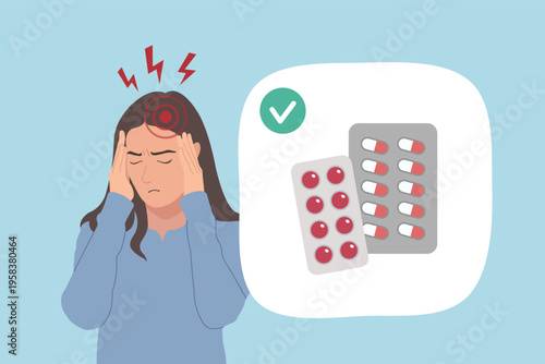 Woman Suffering from Migraine Taking Painkiller Pills and Medical Treatment