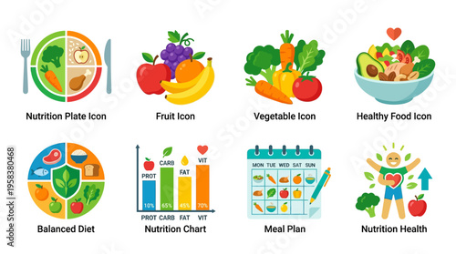Vector illustration of a healthy food plate with various nutritious icons around it on a clean background for a meal plan.
