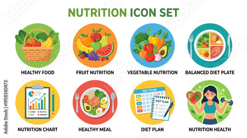 Vector graphics illustrate a nutrition icon set with food, fruit, vegetables, and diet planning for a healthy lifestyle and nutrition chart.