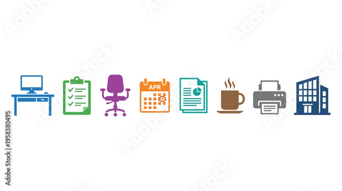 Office workspace with vector graphic icons of computer, chair, calendar, coffee cup, and printer on a desk in a modern business environment from a side viewpoint.
