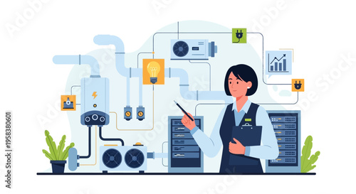 Woman Engineer Inspecting Industrial HVAC System Components.