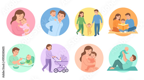 A vector illustration of a happy family with parents and baby enjoying quality time together in a colorful vector setting.