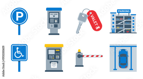 Vector graphic illustration of various parking related icons including signs and machinery in a modern vector style.