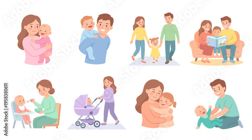 A vector illustration of a loving family with parents and children in various tender moments at home or outdoors in a joyful atmosphere with love.
