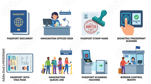 Vector illustration of a traveler going through passport control and immigration at an airport border checkpoint.