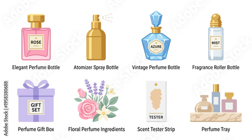 A vector graphic illustration of elegant perfume bottles and fragrance accessories on a decorative tray, surrounded by floral perfume ingredients and a gift box.