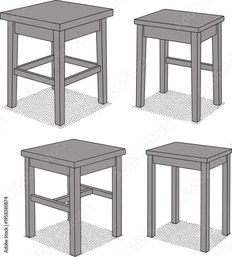 Minimalist wooden stool set in different angles isolated on white background, simple furniture design, modern home interior decor seating concept