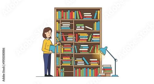 Woman Organizing Bookshelf with Lamp and Books.