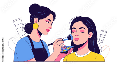 Woman applying makeup to another womans face.