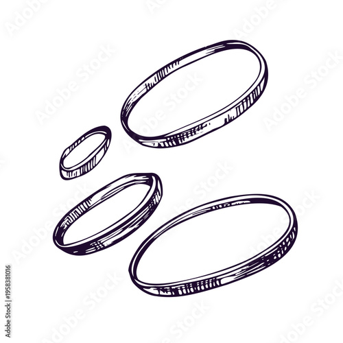 Onion rings hand drawn illustration. Vegetable slice as ingredient for cooking. Graphic line art sketch in engraving style. Organic food preparation element for menu or recipe design.