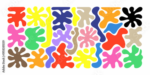 Colorful abstract shapes and blobs arranged in a dense playful composition