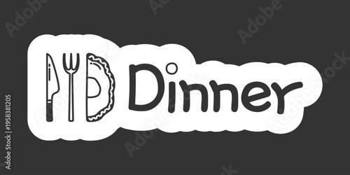 Dinner black and white line drawing sticker. Evening meal. Fork knife with plate. Dinnertime. Doodle outline illustration isolated. Minimal planner icon label design. Monochrome printable clipart