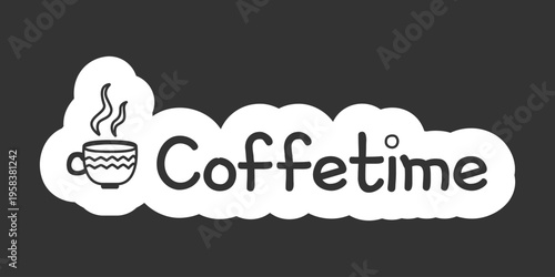 Coffeetime black and white line drawing sticker. Steaming coffee cup. Cozy coffeebreak. Doodle outline illustration isolated. Minimal planner icon label design. Monochrome printable clipart