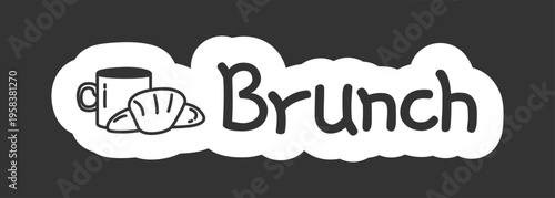 Brunch black and white line drawing sticker. Coffee mug with croissant pastry. Cafe meetup. Doodle outline illustration isolated. Minimal planner icon label design. Monochrome printable clipart