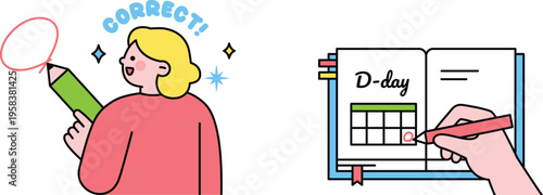 A student marking d-day on a calendar and celebrating a correct answer