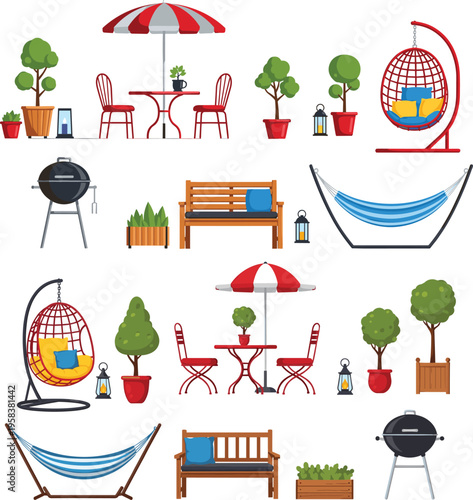 Outdoor garden furniture and decor set illustration patio seating hammock swing grill umbrella plants leisure backyard elements isolated on white background