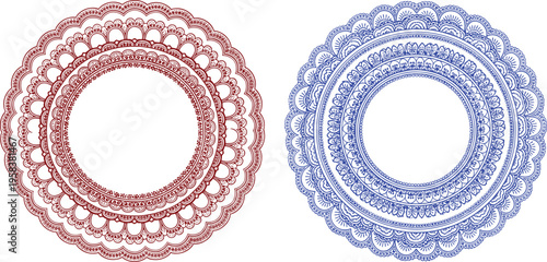 Ornate circular lace frames in red and blue colors isolated on white background, decorative round patterns for invitation, greeting card design