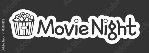 Movie night black and white line drawing sticker. Film evening. Relaxing weekend. Cinema popcorn. Doodle outline illustration isolated. Minimal planner icon label design. Monochrome printable clipart
