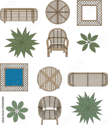 Rattan furniture and decor set illustration wicker chairs tables mirrors plants boho interior design elements collection isolated on white background