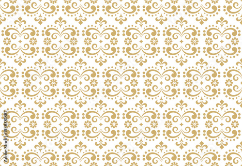 Wallpaper in the style of Baroque. White and golden floral ornament. Seamless vector background. Graphic pattern for fabric, wallpaper, packaging. Ornate Damask flower illustration