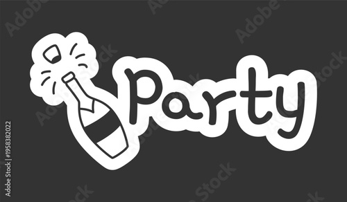 Party black and white line drawing sticker. Champagne bottle popping. Celebration event. Doodle outline illustration isolated. Minimal planner icon label design. Monochrome printable clipart
