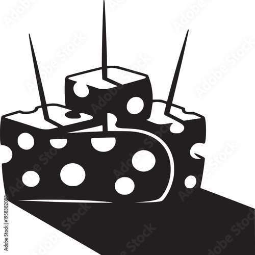A black and white illustration of stacked cheese cubes with toothpicks and a shadow on a white background