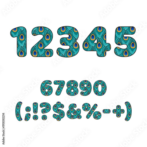 Symbols and numbers made from blue peacock feathers. Isolated vector objects on white background.
