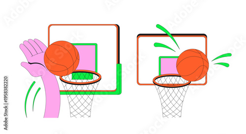 Funky slam dunk and missing hoop modern flash message illustration set. Basketball scoring. Athletic play. Error success UI states. Done failure web design. Mobile onboarding. Micro UX scenes pack